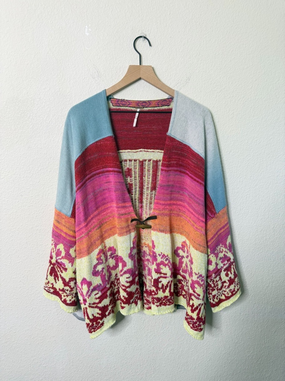 Free People Floral Knit Surf Sweater Kimono Cardigan Womens Size M / L - Picture 5 of 9